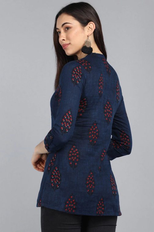 Women's Navy Blue Cotton Ethnic Motifs Tunic Top - Image 4
