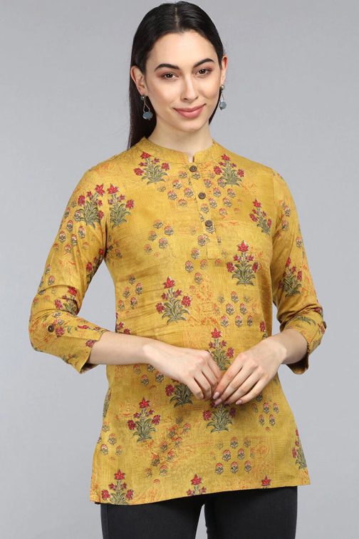 Mustard Yellow Floral Print Cotton Tunic Top for Women