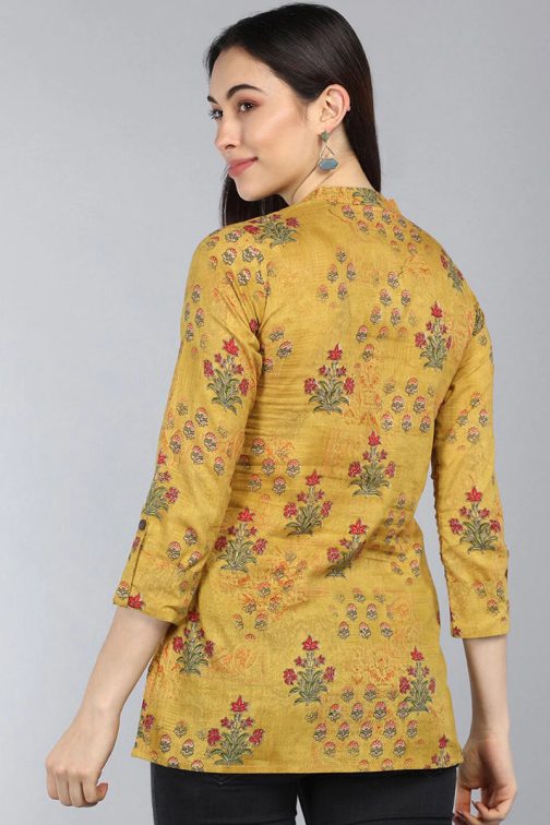 Mustard Yellow Floral Print Cotton Tunic Top for Women - Image 3
