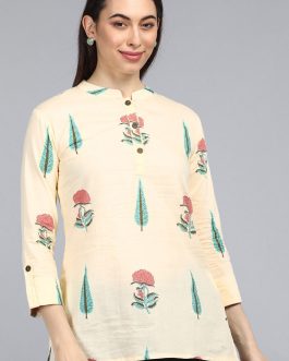 Women's Cream Coloured Print Top with Mandarin Collar