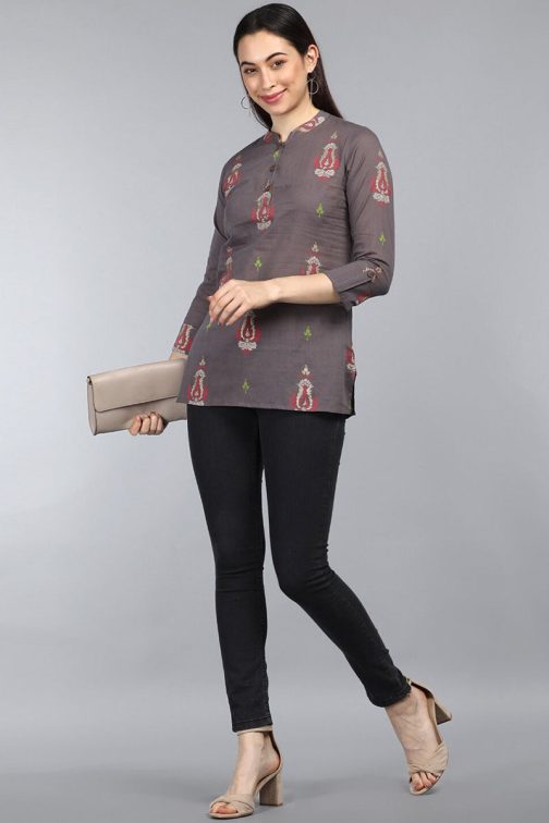 Ethnic Motif Cotton Tunic Top in Taupe ? Classic Regular Fit