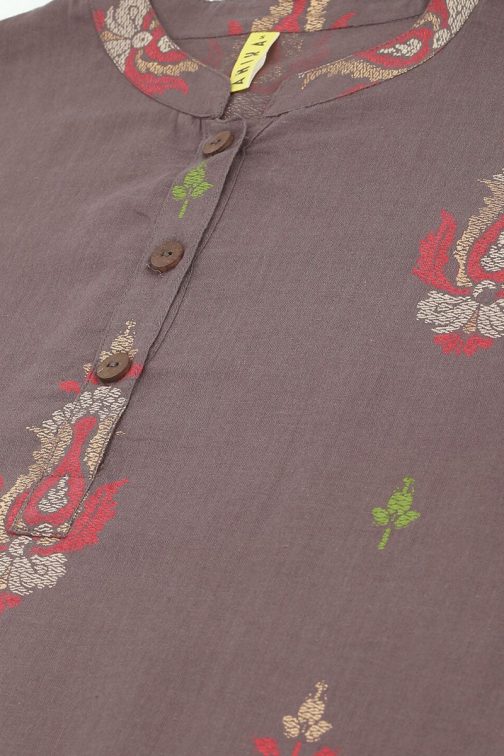 Ethnic Motif Cotton Tunic Top in Taupe ? Classic Regular Fit - Image 2