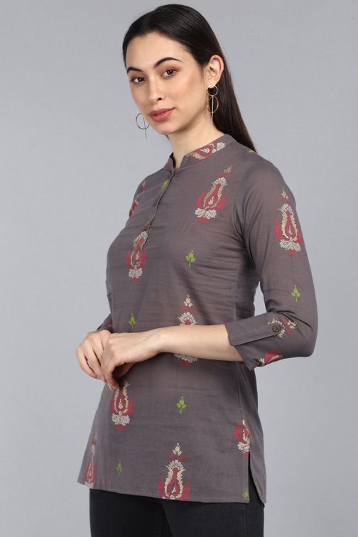 Ethnic Motif Cotton Tunic Top in Taupe ? Classic Regular Fit - Image 3