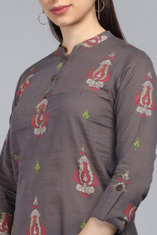 Ethnic Motif Cotton Tunic Top in Taupe ? Classic Regular Fit - Image 4