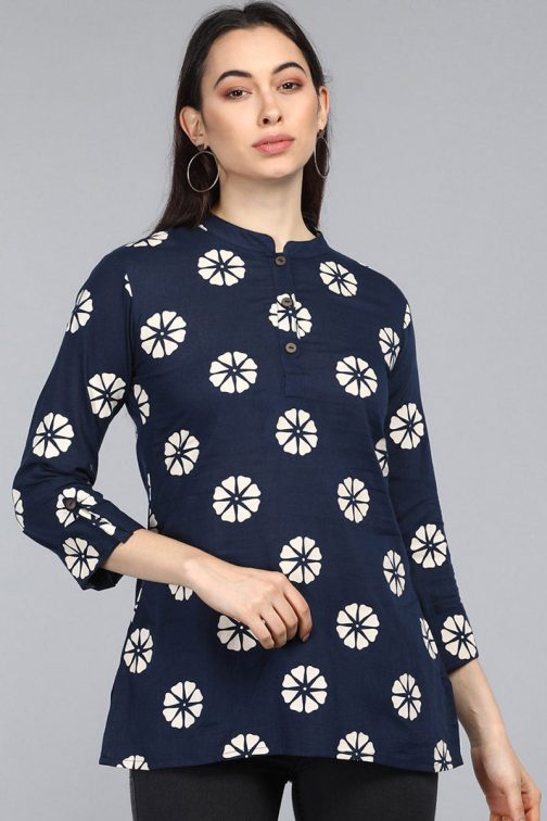 Trendy Navy Blue Floral Print Cotton Tunic