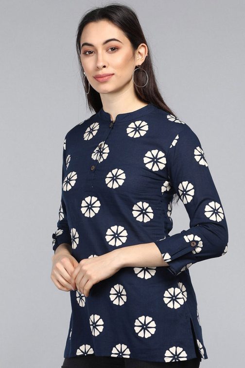 Trendy Navy Blue Floral Print Cotton Tunic - Image 3