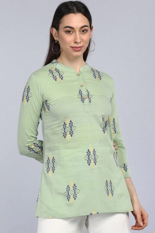Green Print Mandarin Collar Longline Top with Classic Fit