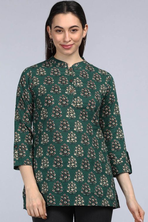Regular Fit Green Cotton Tunic with Block Print Design
