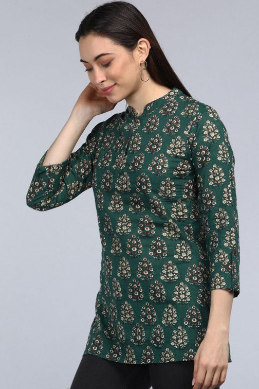 Regular Fit Green Cotton Tunic with Block Print Design - Image 2