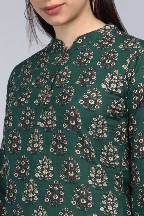 Regular Fit Green Cotton Tunic with Block Print Design - Image 4