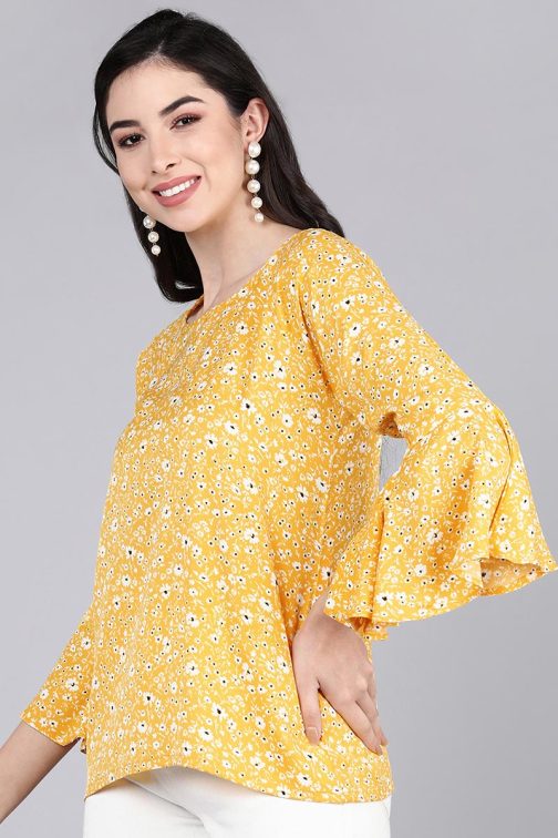 Yellow Poly Crepe Floral Print Top - Image 3