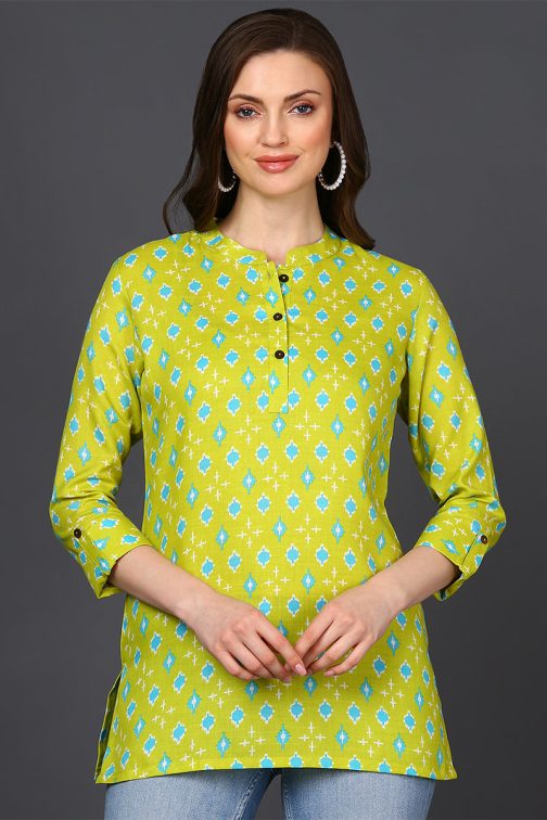 Geometric Print Lime Green Cotton Blend Tunic ? Straight Cut - Image 4