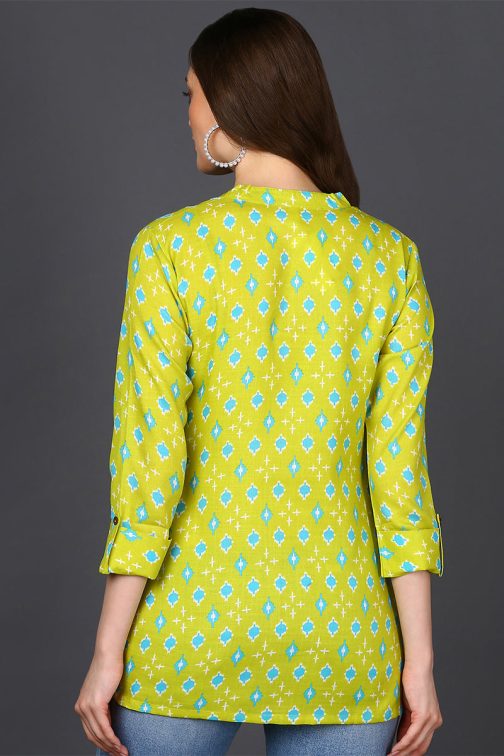 Geometric Print Lime Green Cotton Blend Tunic ? Straight Cut - Image 2