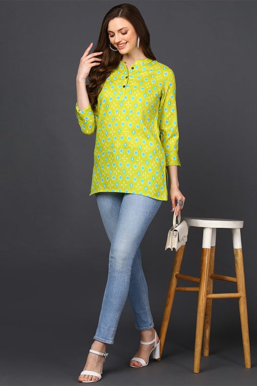 Geometric Print Lime Green Cotton Blend Tunic ? Straight Cut