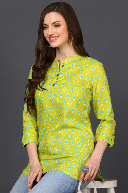 Geometric Print Lime Green Cotton Blend Tunic ? Straight Cut - Image 3