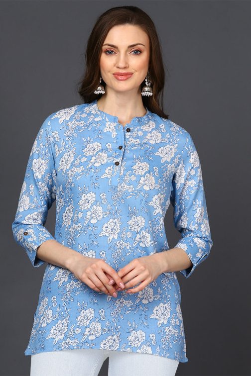 Light Blue Three Quarter Sleeve Cotton Blend Printed Floral Tunic Top - Image 4