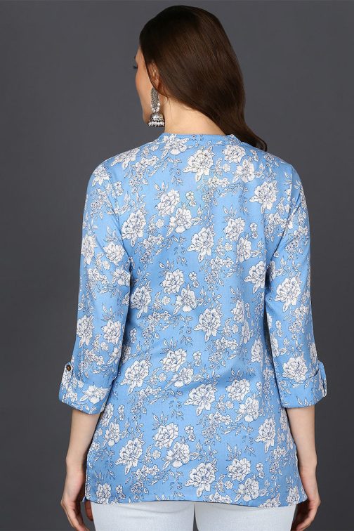 Light Blue Three Quarter Sleeve Cotton Blend Printed Floral Tunic Top - Image 3