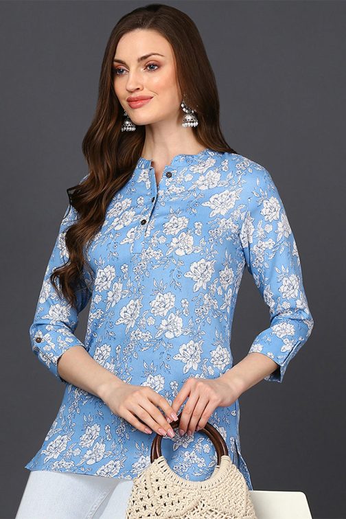 Light Blue Three Quarter Sleeve Cotton Blend Printed Floral Tunic Top - Image 2