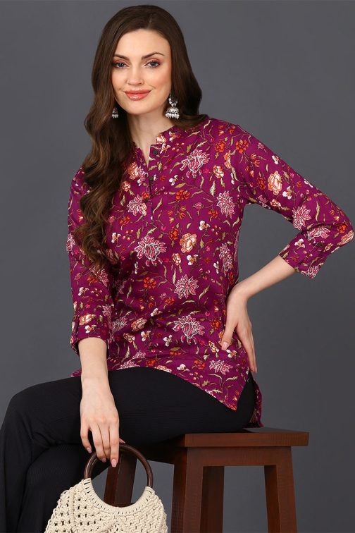 Stylish Purple Floral Cotton Blend Tunic - Image 4