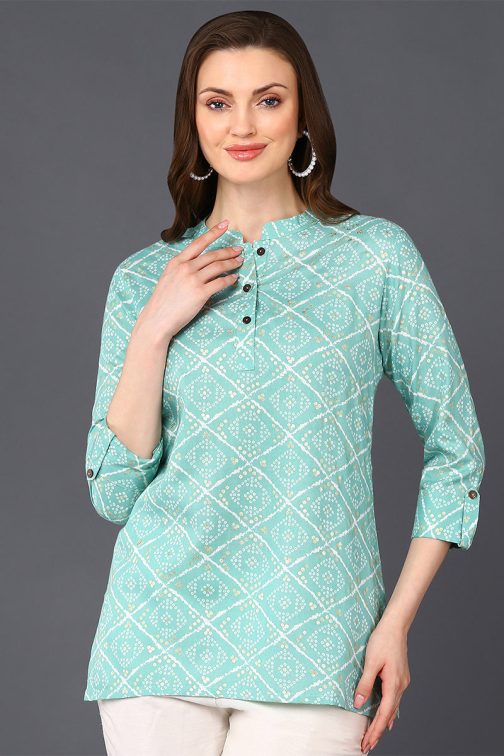 Straight Fit Mint Green Cotton Blend Tunic with Bandhani Patterns - Image 4