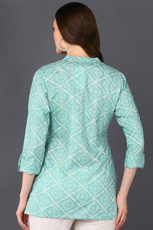 Straight Fit Mint Green Cotton Blend Tunic with Bandhani Patterns - Image 2