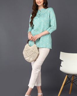 Straight Fit Mint Green Cotton Blend Tunic with Bandhani Patterns