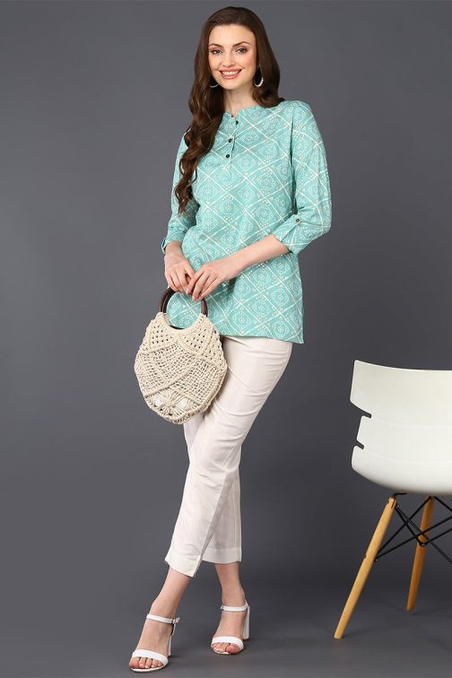Straight Fit Mint Green Cotton Blend Tunic with Bandhani Patterns