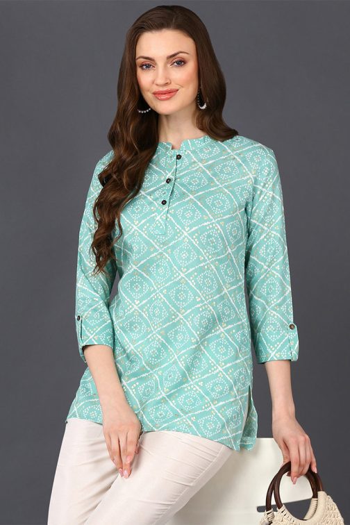 Straight Fit Mint Green Cotton Blend Tunic with Bandhani Patterns - Image 3