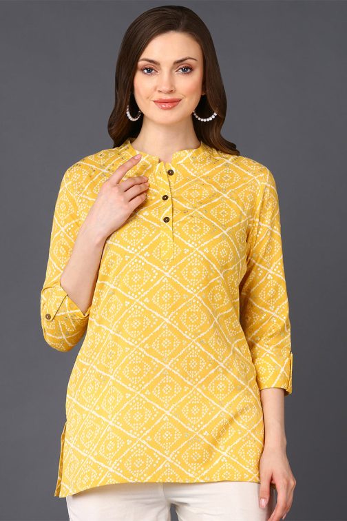 Charming Yellow Cotton Blend Tunic with Bandhani Print - Image 4
