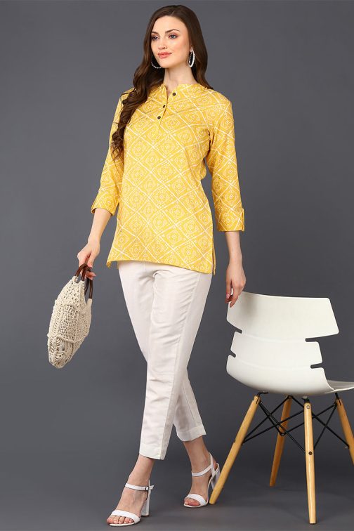 Charming Yellow Cotton Blend Tunic with Bandhani Print