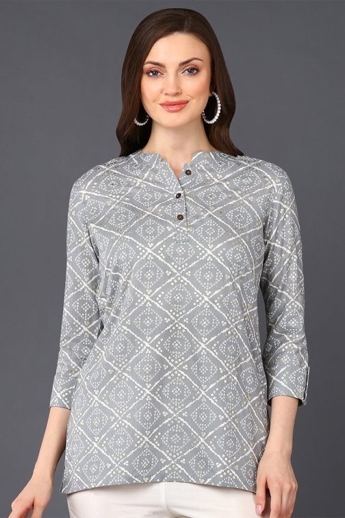 Bandhani Print Grey Cotton Blend Tunic ? Straight Cut - Image 3