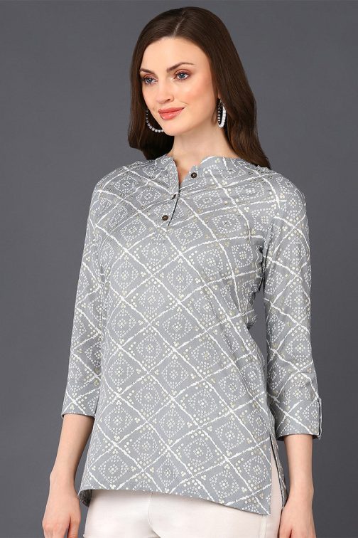 Bandhani Print Grey Cotton Blend Tunic ? Straight Cut - Image 4
