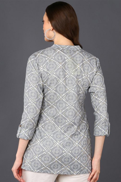 Bandhani Print Grey Cotton Blend Tunic ? Straight Cut - Image 2