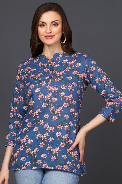Straight Fit Blue Cotton Blend Tunic with Floral Patterns - Image 4