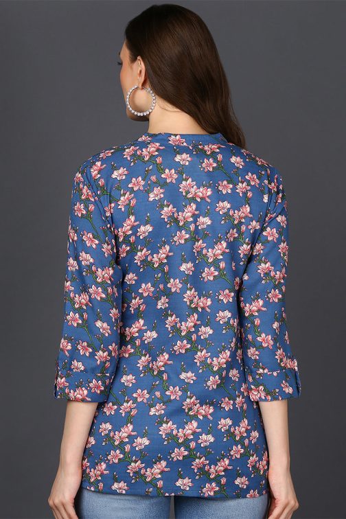 Straight Fit Blue Cotton Blend Tunic with Floral Patterns - Image 2