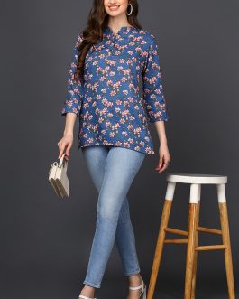 Straight Fit Blue Cotton Blend Tunic with Floral Patterns