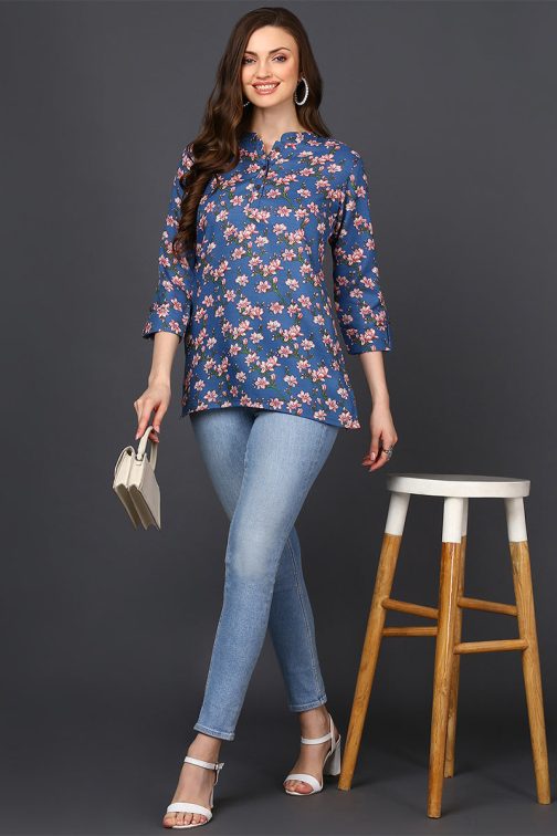 Straight Fit Blue Cotton Blend Tunic with Floral Patterns