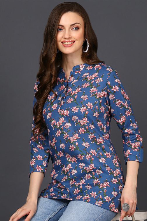 Straight Fit Blue Cotton Blend Tunic with Floral Patterns - Image 3