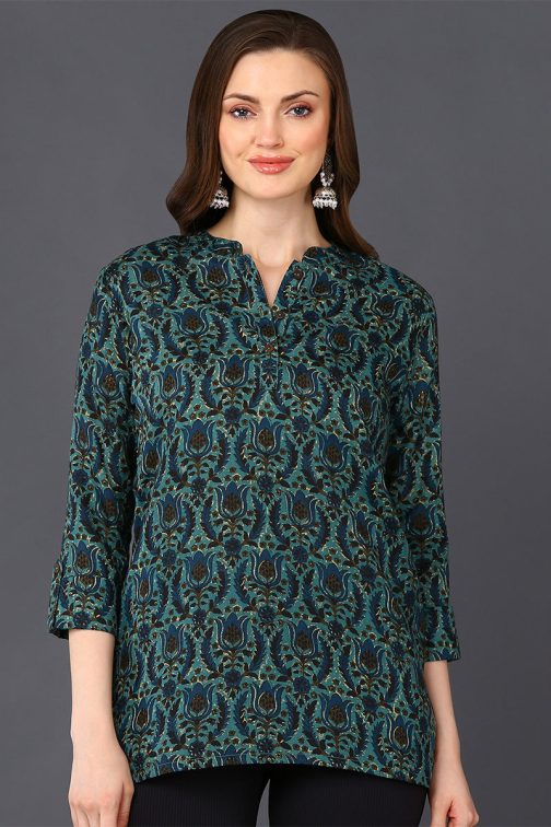 Teal Green Cotton Blend Ethnic Printed Straight Tunic - Image 4
