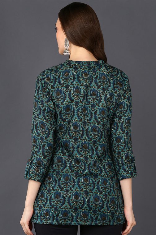 Teal Green Cotton Blend Ethnic Printed Straight Tunic - Image 2