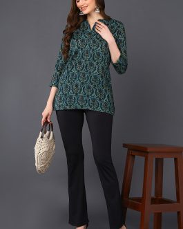 Teal Green Cotton Blend Ethnic Printed Straight Tunic