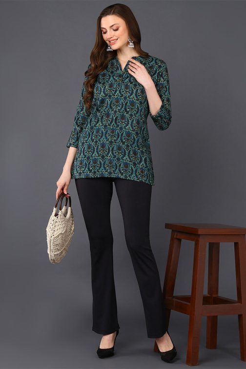 Teal Green Cotton Blend Ethnic Printed Straight Tunic