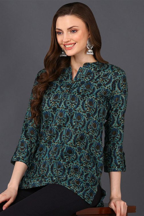 Teal Green Cotton Blend Ethnic Printed Straight Tunic - Image 3