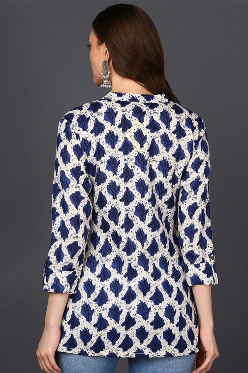 Women's Longline Off White Cotton Tunic with Ethnic Motif Print - Image 3