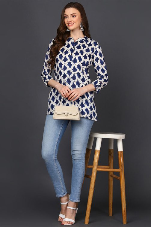 Women's Longline Off White Cotton Tunic with Ethnic Motif Print
