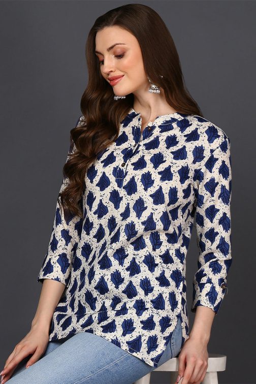 Women's Longline Off White Cotton Tunic with Ethnic Motif Print - Image 4
