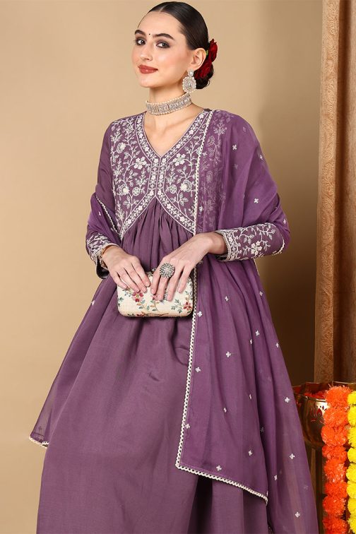 Purple Silk Blend Embroidered Anarkali Suit Set - Image 2