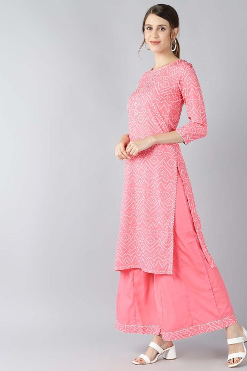 Crepe Pink Geometric Printed Straight Kurta Palazzo Set - Image 2