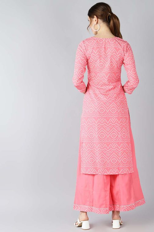 Crepe Pink Geometric Printed Straight Kurta Palazzo Set - Image 3