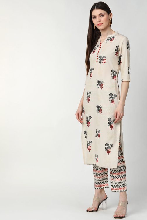 Off White Poly Crepe Printed Kurta Palazzo Set - Image 2